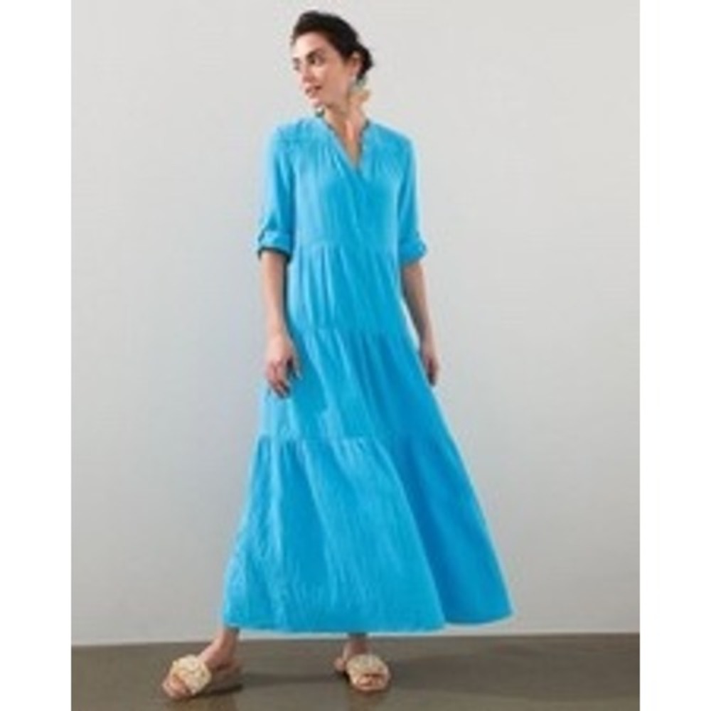 Chicos Tiered Gauze Maxi Dress 2P 12-14P Tranquil Turquoise Cotton Pockets New